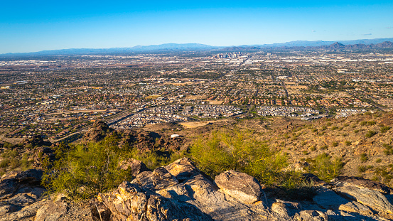 Phoenix, view of the valley, city skyline from Dobbins Lookout in South Mountain and Preserve Public Park in Phoenix, Arizona