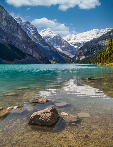 Lake Louise surrounded by mountains