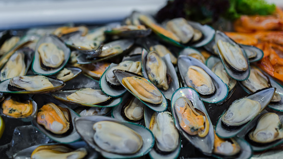 Picture of fresh green mussel and ready to eat in seafood on ice buffet bar