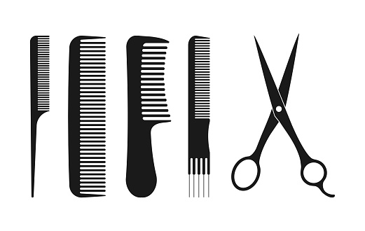 Hairdressing Supplies. Combs and scissors silhouette flat illustration set on white background