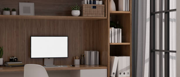 istock Modern home workspace with computer mockup and stationery on wood built-in table. 1440655878