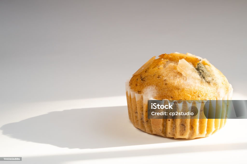 The cupcakes is spoiled and moldy. Waste food concept Rotting Stock Photo