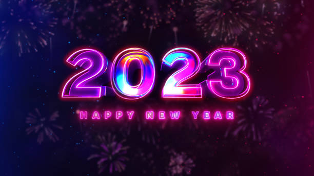 istock 2023 Happy New Year red blue streak neon on firework particles bokeh background. 1440658448