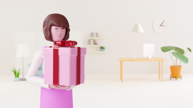 3d Animation cartoon businesswoman holding pink gift box Christmas day Birthday and New year at home.