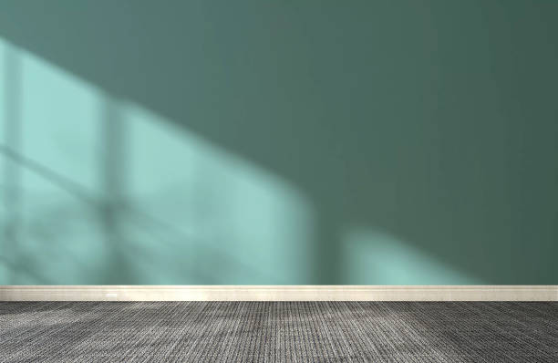 Front view of empty room with teal green wall, baseboard and black carpet floor in dappled sunlight from window