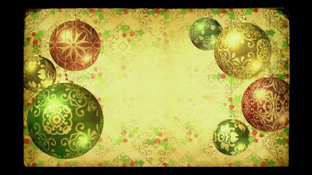 Christmas background. Old-fashioned style. Baubles and vintage postcard with copy space.