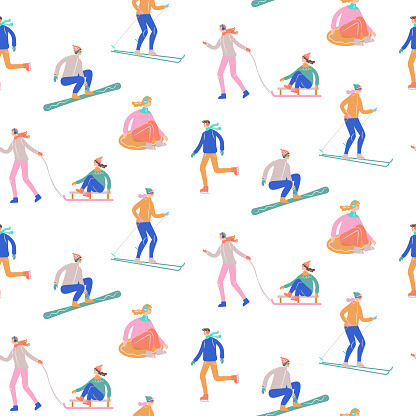 Seamless pattern with people involved in winter sports