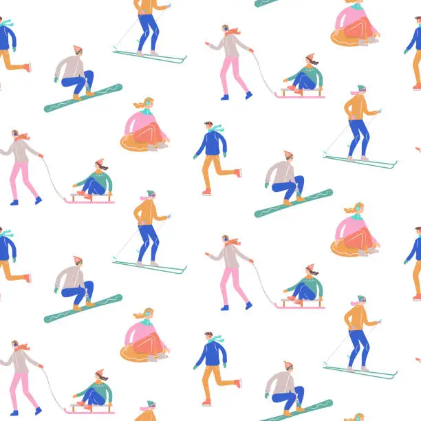 Vector illustration of Seamless pattern with people involved in winter sports