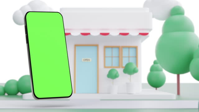 3d Animation smartphone greenscreen mock up in front of shop cafe.