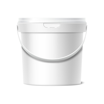 3d realistic vector icon. White container plastic bucket. Food or paint cup with lid. Isolated on white background. mockup template.