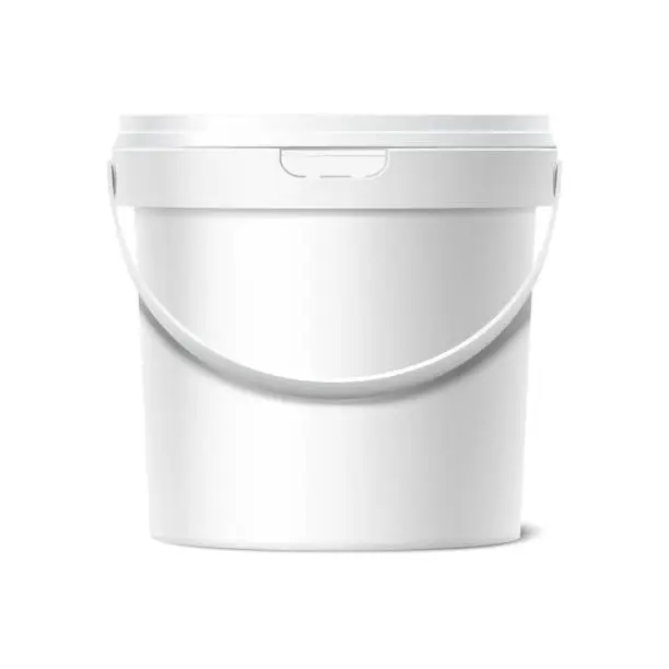 Vector illustration of realistic vector icon. White container plastic bucket. Food or paint cup with lid. Isolated on white background. mockup template.