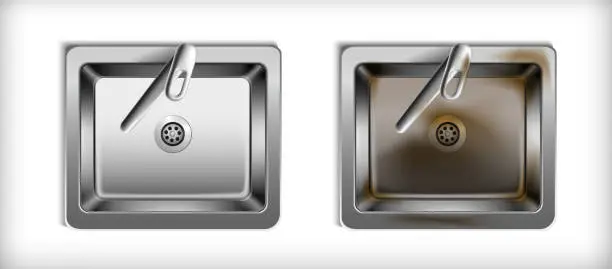 Vector illustration of realistic vector mock up. Metal kitchen washbasin with and without rust.