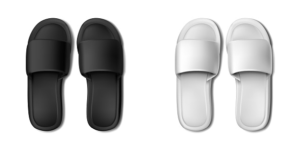 3d realistic vector icon. Hotel spa slippers in black and white view.