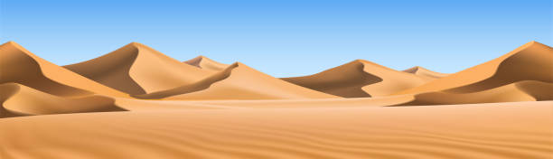 illustrazioni stock, clip art, cartoni animati e icone di tendenza di grande sfondo realistico di dune di sabbia. paesaggio desertico con cielo blu. - desert