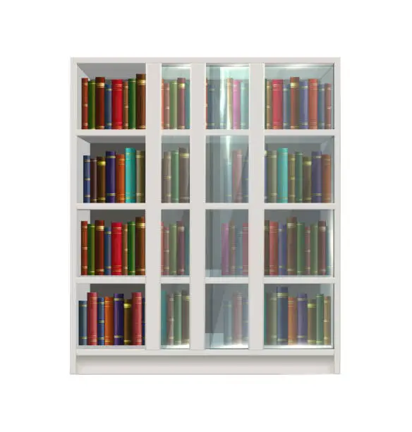 Vector illustration of realistic vector icon. White cupboard with glass dors and books inside.