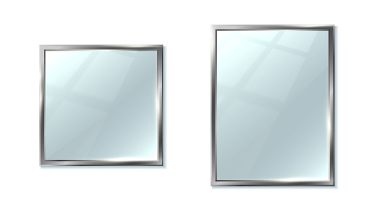 3d realistic vector icon set. Collection of ectangular and square mirror. Reflection surface in silver frame. Interior design furniture.