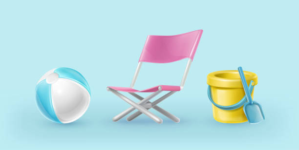 istock realistic vector icons. Summer set of chair, sand yellow plastic bucket with spade. 1440665111