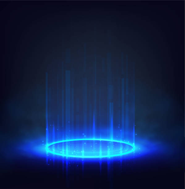 istock Futuristic sci-fi background. Blue circle portal with light flares and sparkles. 1440665392