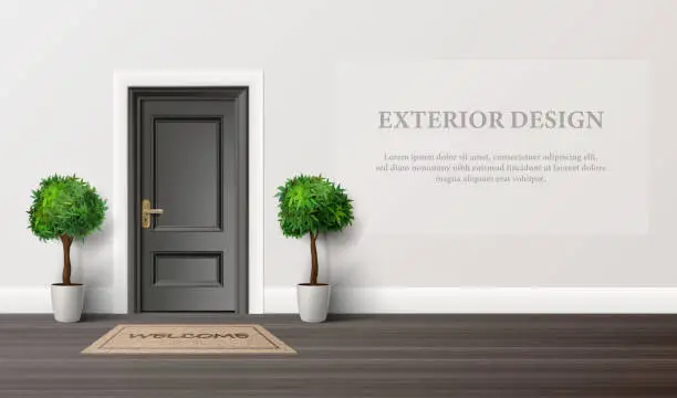 Vector illustration of 3d realistic vector illustration. House entrance door with floor plants. Modern exterior design.
