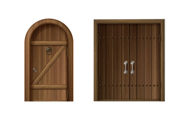 istock 3d realistic vector icon set. Old antique wooden doors with golden and hrome handles, arched and square. 1440665452