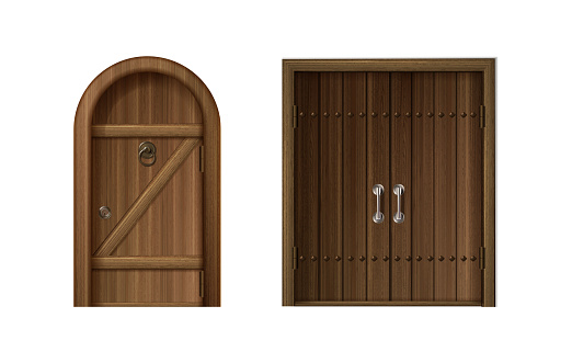 realistic vector icon set. Old antique wooden doors with golden and hrome handles, arched and square.