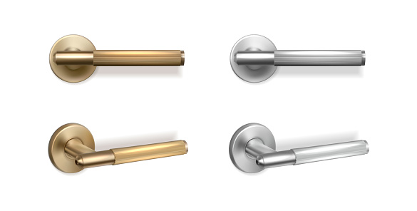 realistic vector icon set. Golden and silver door handles in side and front view. Islated on white background.
