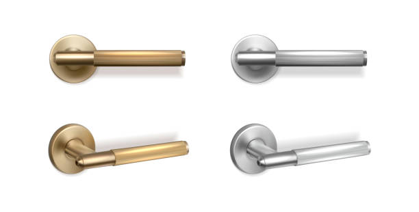 3d realistic vector icon set. Golden and silver door handles in side and front view. Islated on white background. realistic vector icon set. Golden and silver door handles in side and front view. Islated on white background. door handle stock illustrations