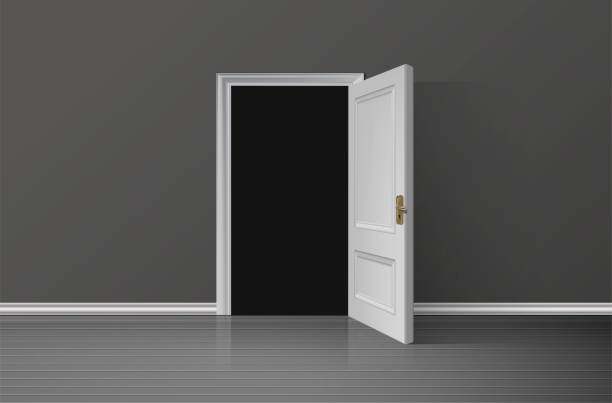 istock 3d realistic vector illustration background. Open white wooden door with darkness inside the room. 1440665522