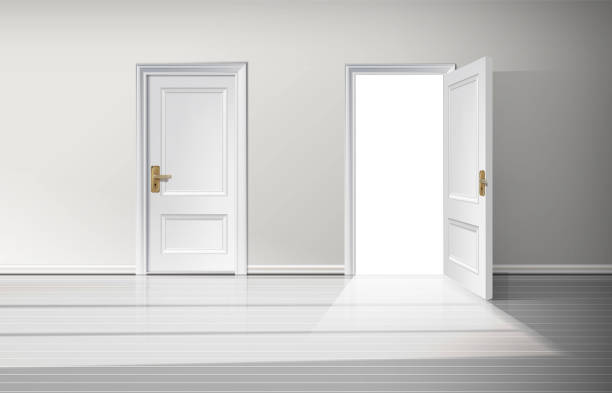 istock 3d realistic vector illustration background. Closed and open white wooden door with golden handle. 1440665523