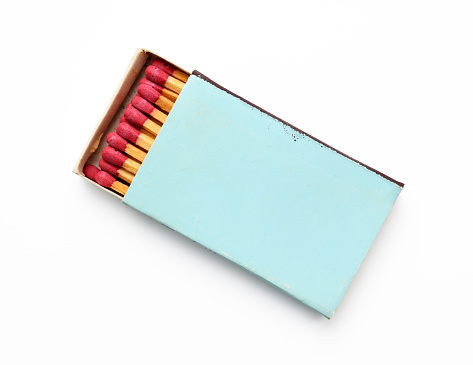 Overhead shot of opend old matchbox, isolated on white with clipping path.