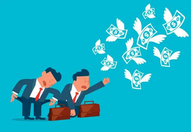 Vector illustration of Desperate and frustrated businessmen watch money fly away, investments fail, businesses lose money, taxes or debts, bankruptcy or crisis