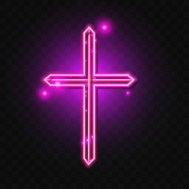 istock Religion cross neon sign. Purple Christian cross icon. 1440668932