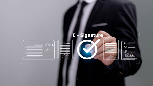 istock Online business contract Electronic signature, e-signing, digital document management, paperless office, signing business contract concept. 1440671285