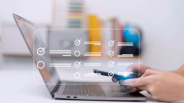 istock questionnaire with checkboxes, filling survey form online, answer questions of test 1440671358