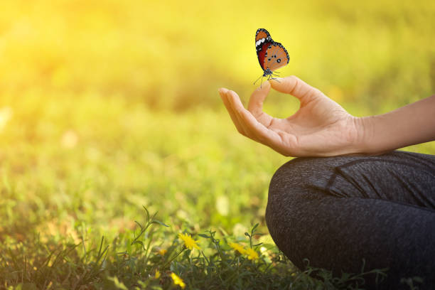 istock Woman meditating on green grass, closeup. Space for text 1440679709