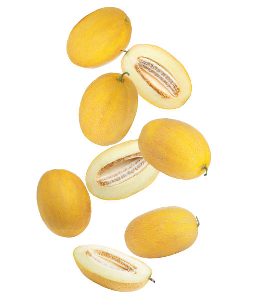 istock Delicious ripe melons falling on white background 1440679729