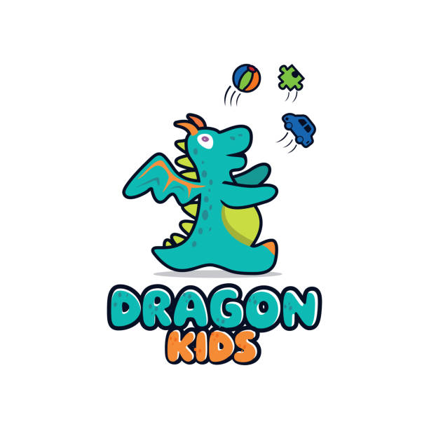 dragon cute logo happy toy for kids vector illustration maskotka cartoon style - pack animal stock illustrations