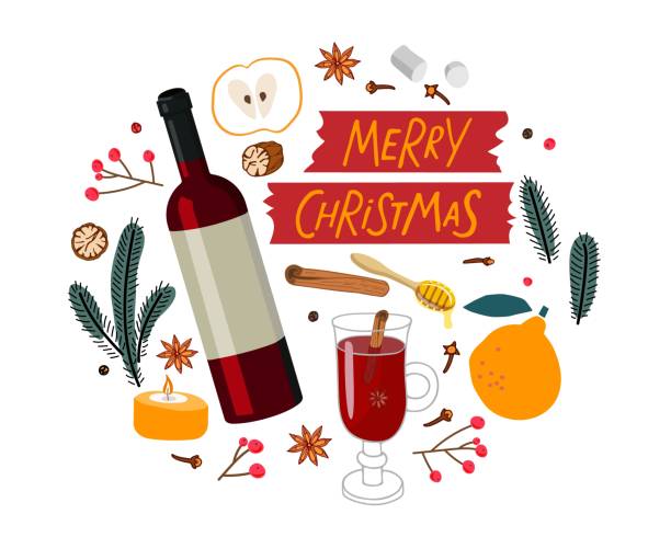 bildbanksillustrationer, clip art samt tecknat material och ikoner med hot winter holiday drink poster, card background. merry christmas. drink glass with ingredients for recipe, fruits and spices, honey, bottle. flat vector drink template isolated on white background - glögg
