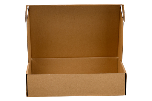 Blank / empty brown cardboard box or kraft box mockup with opened lid / cover. Isolated on white background. The box is made of craft paper, shot in front perspective view without shadow.