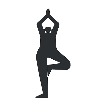 Vector isolated illustration with flat black silhouette of female person doing finess. Athletic woman learns yoga posture Vrksasana. Sportive exercise - Tree Pose.