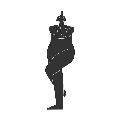 Vector isolated illustration with flat black silhouette of female person doing finess. Athletic woman learns yoga posture Garudasana. Sportive exercise - Eagle Pose