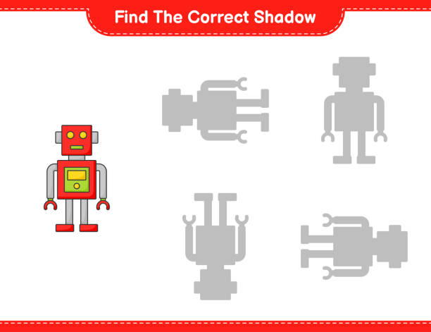 Find the correct shadow. Find and match the correct shadow of Robot Character. Educational children game, printable worksheet, vector illustration Find the correct shadow. Find and match the correct shadow of Robot Character. Educational children game, printable worksheet, vector illustration robot clipart stock illustrations