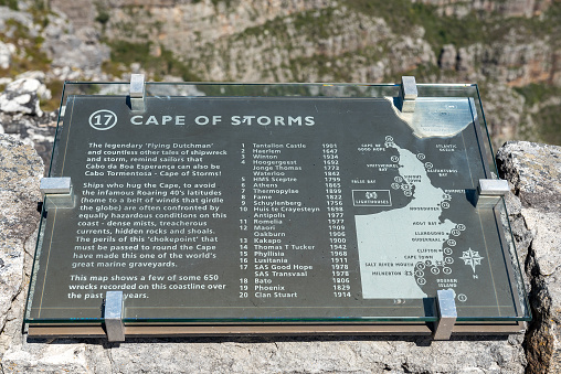 Cape Town, South Africa - Sep 14, 2022: A shipwreck information board at a viewpoint on Table Mountain in Cape Town
