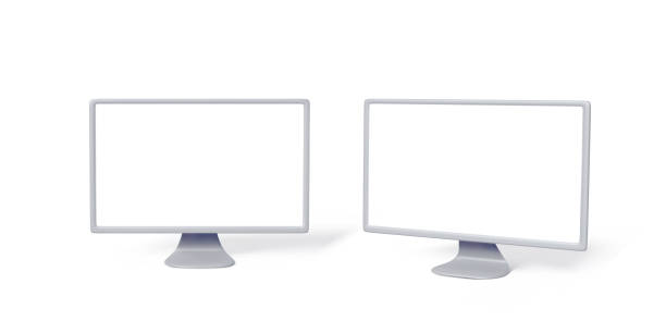 istock PC monitors with white empty screens. Computer 3D monitor mock up in silver colors. Modern lcd gadgets for business banners 1440687445