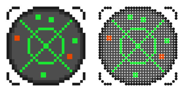 Pixel icon. Radar screen with small red points. Civil Aviation Safety. Airplane flight route control. Simple retro game vector isolated on white background