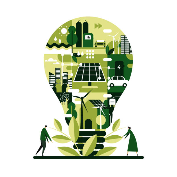 illustration einer glühbirne, die mit unkonventionellen energiequellen gefüllt ist. alternatives energiekonzept - klimaschutz stock-grafiken, -clipart, -cartoons und -symbole