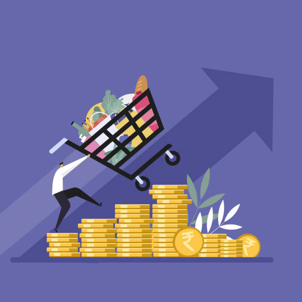 Illustration of a man pushing the shopping cart up over the Indian Rupee coins. A price hike concept vector art illustration