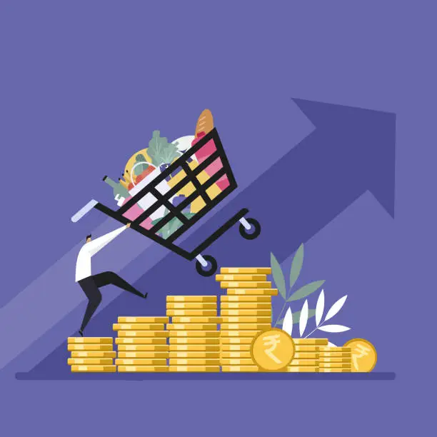 Vector illustration of Illustration of a man pushing the shopping cart up over the Indian Rupee coins. A price hike concept