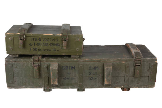 istock Soviet and russian army ammunition stack of green crates. Text in russian - type of ammunition, projectile caliber, projectile type, number of pieces and weight. 1440689325