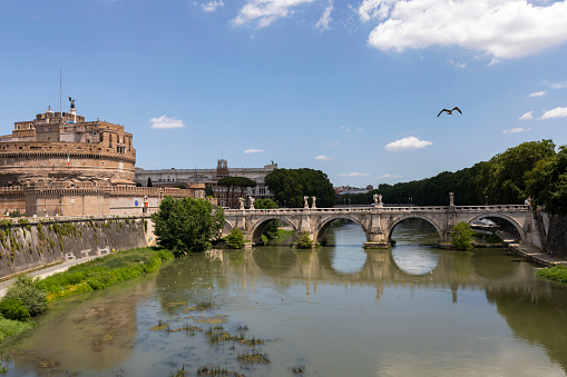 Rome-Italy - 10.09.2021: San Angelo Bridge in front of the Castel Sant'Angelo.
